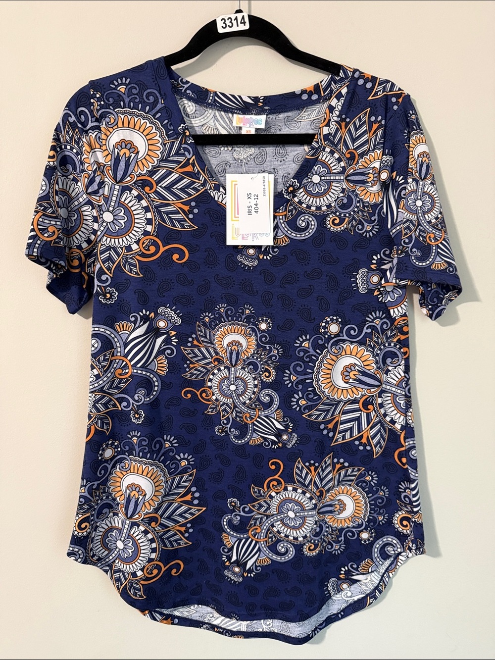 LuLaRoe Navy Floral Paisley V-Neck Tee with Orange and White Accents